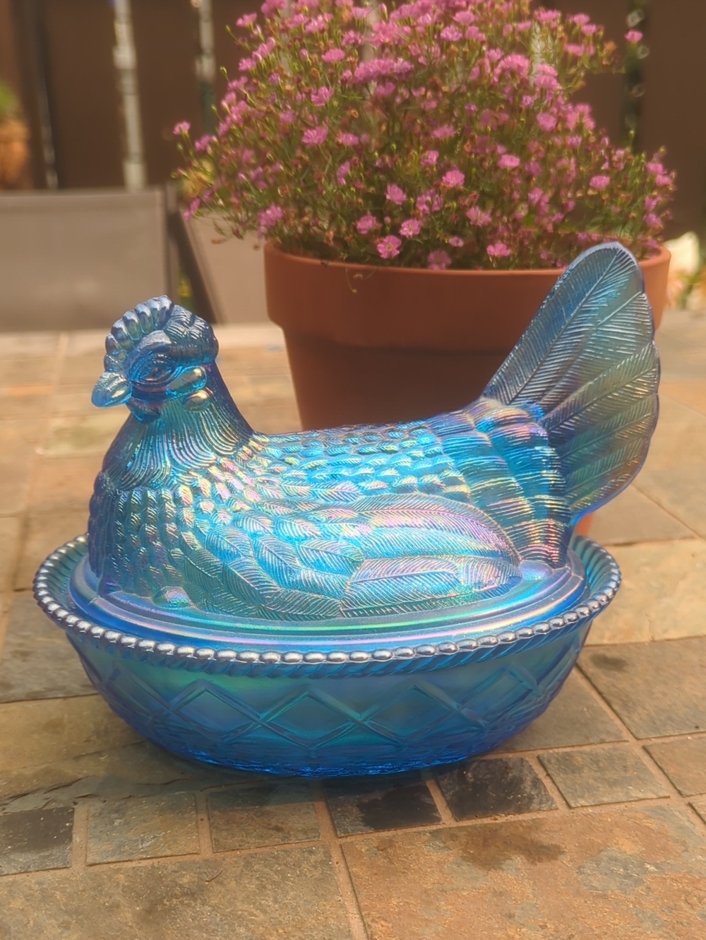 Westmorland Glass Carnival Glass | Georgia Blue | Nesting Hen